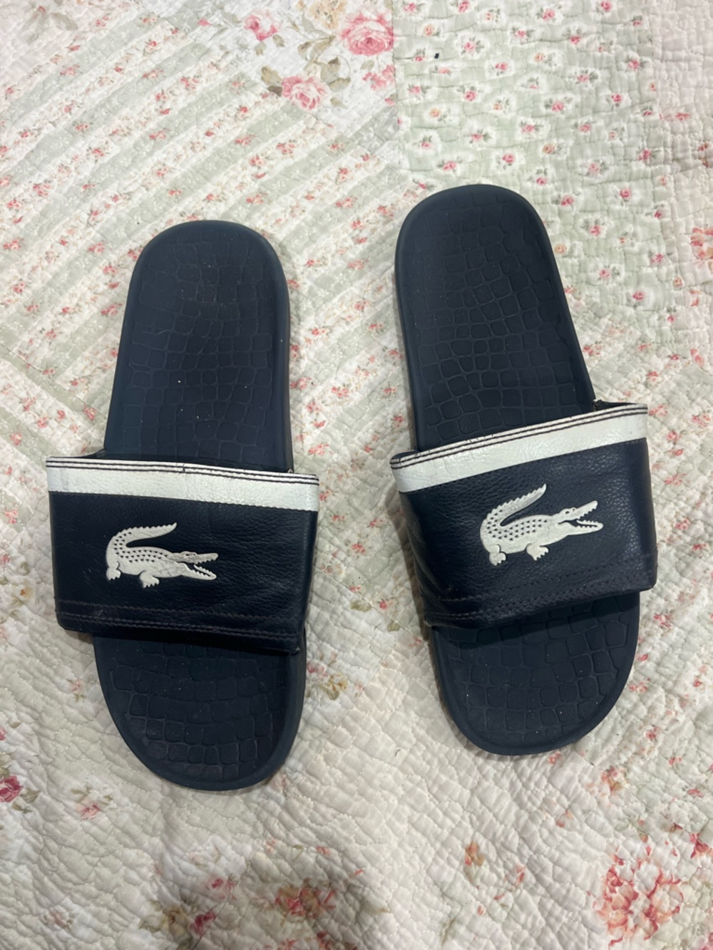 Lacoste Black Slide Sandals with White Croc Emblem